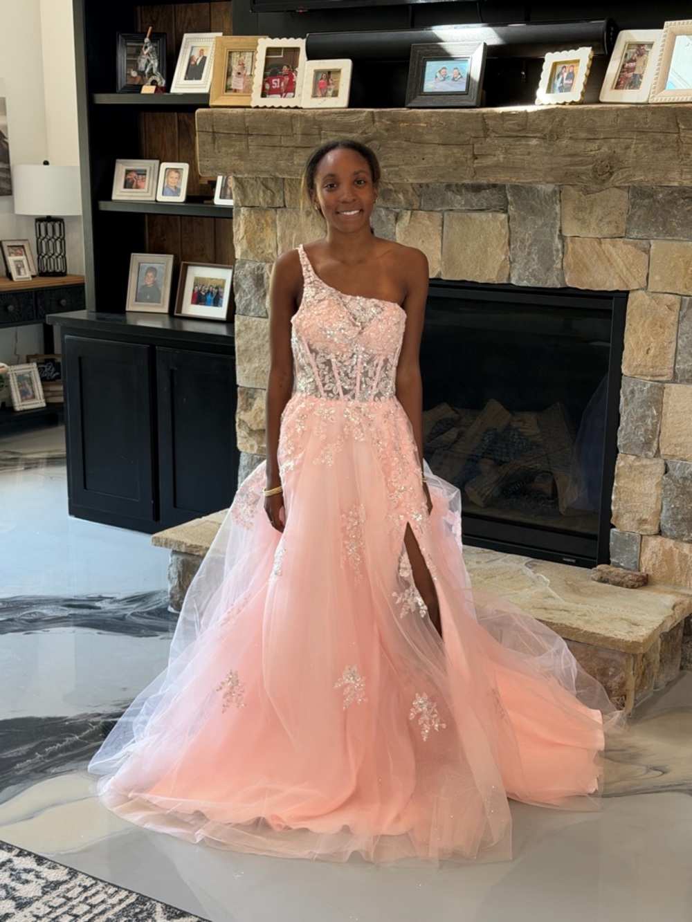 2 Cute by J Michael’s One-Shoulder Peach Pink Sequin Embellished Gown